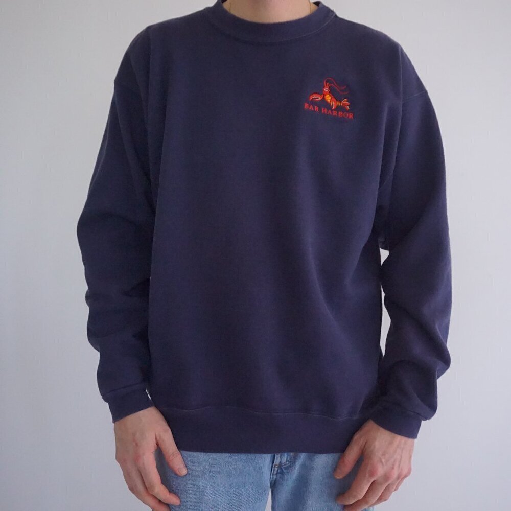 Vintage '90S Cotton Deluxe Navy Bar Harbor Lobster Cotton Crewneck Sweater XL